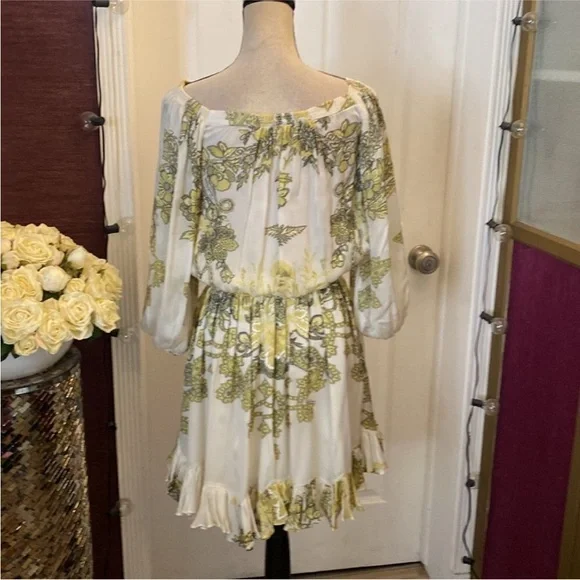 Roberto Cavalli White and Green Off-Shoulder silk Dress,
